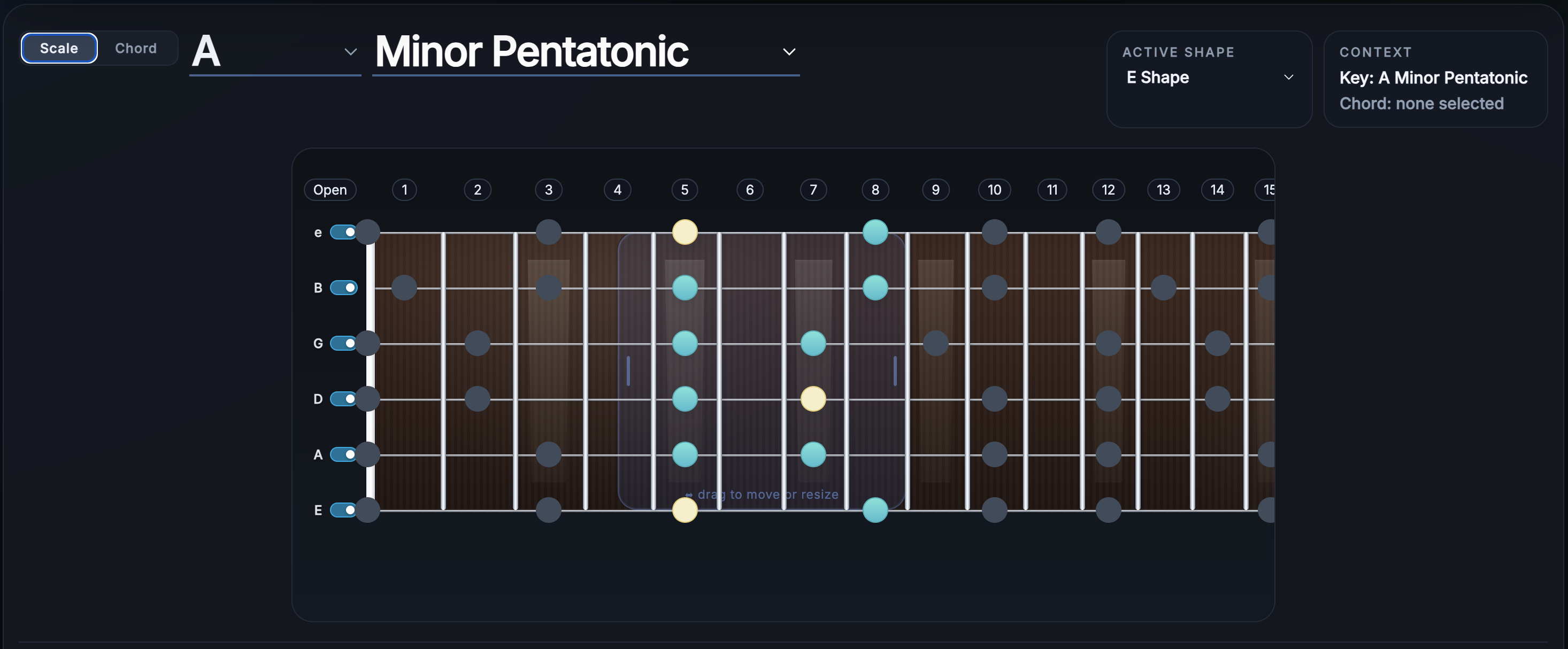 FretScope showing a scale map inside an E-shape CAGED region