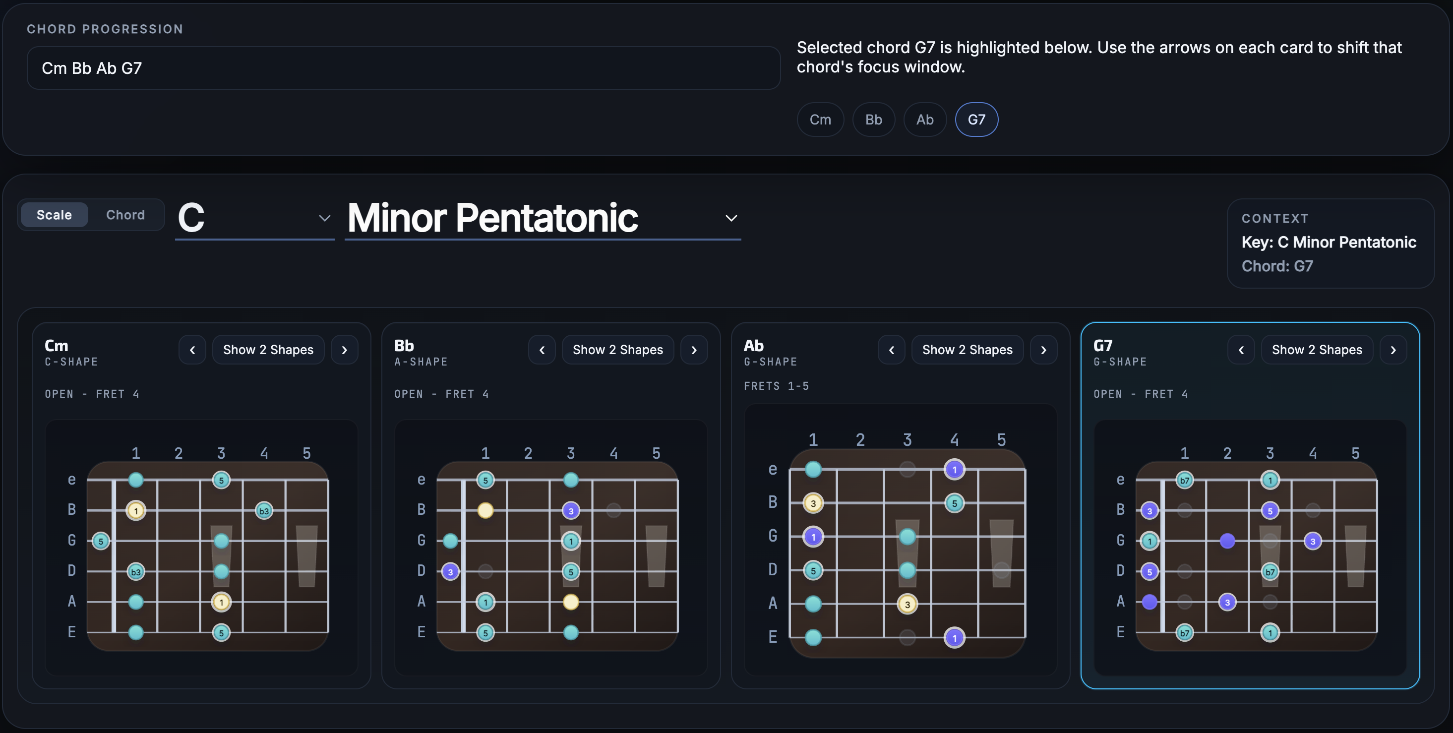 FretScope showing chord tones for a C minor progression on the guitar fretboard